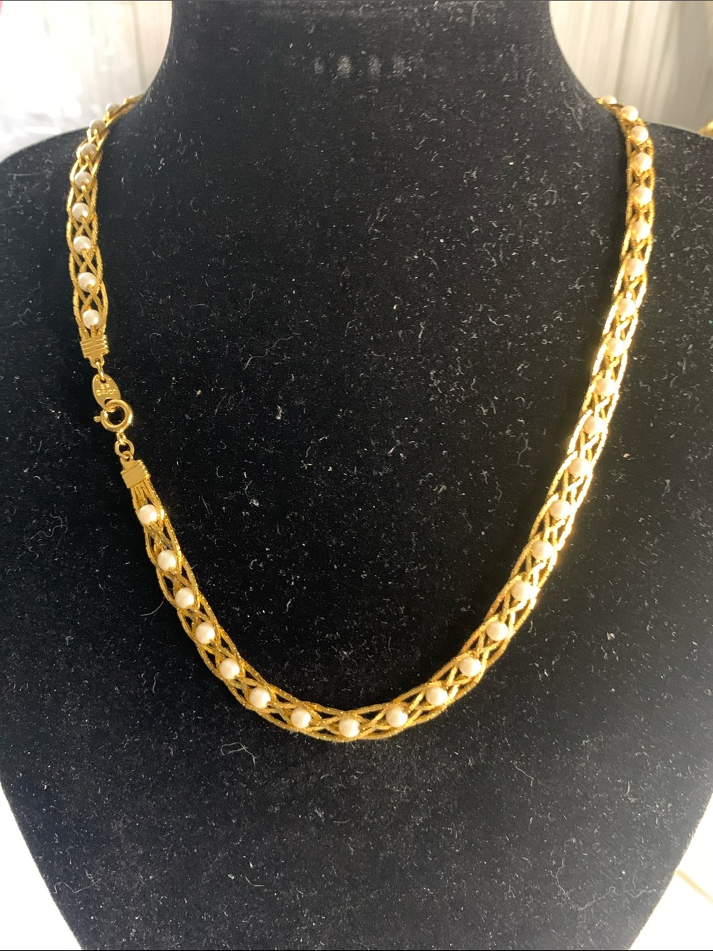 Avon Vintage Gold-Tone River of Pearls Braided Chain Necklace with Faux Pearls